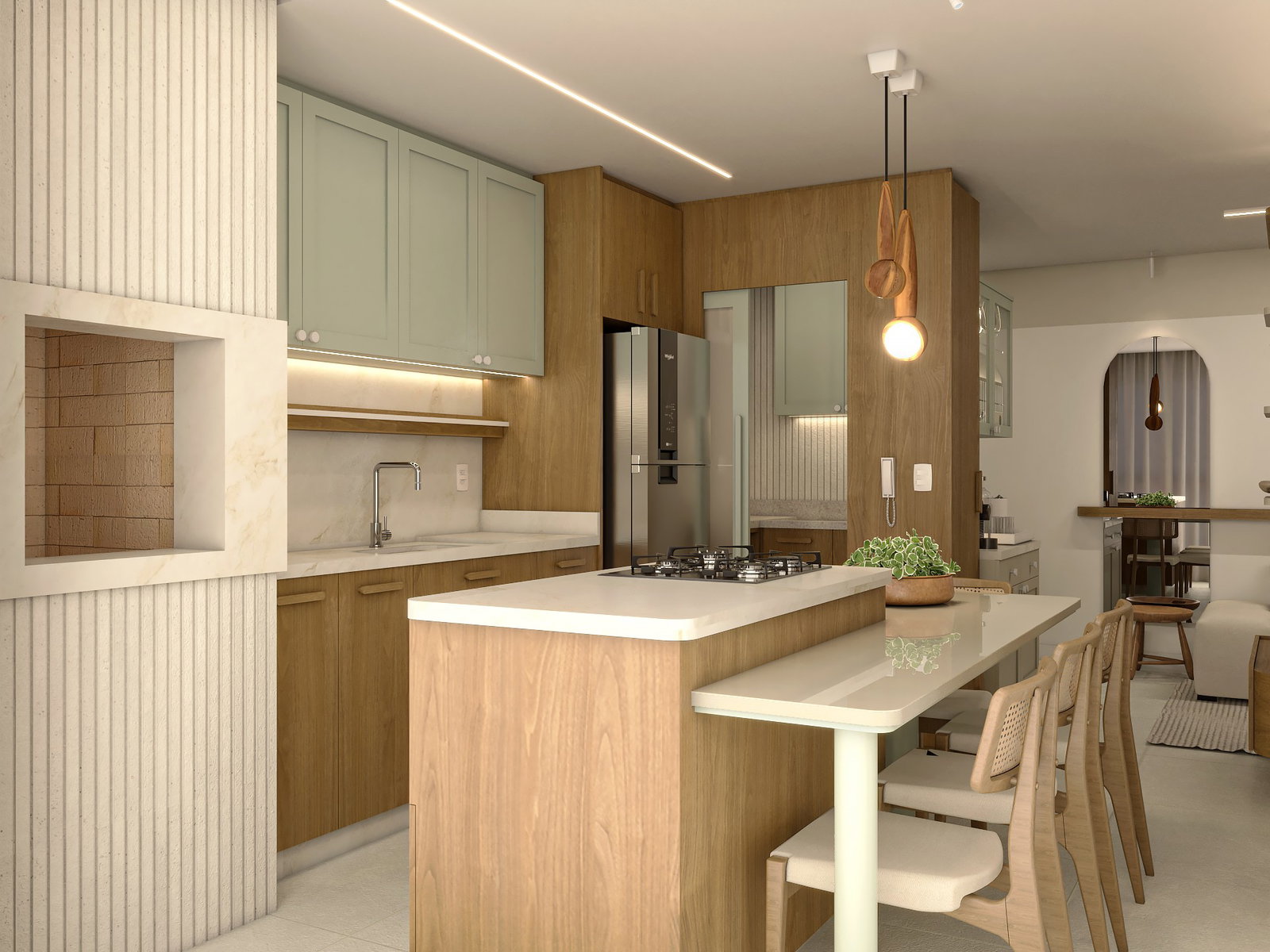 Cozinha e área social integrada do Alamanda Residence