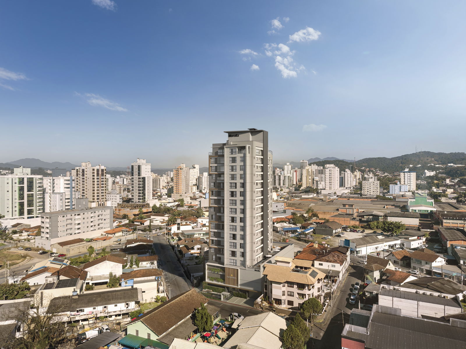 Vista aérea do Alamanda Residence em sua localização central em Brusque